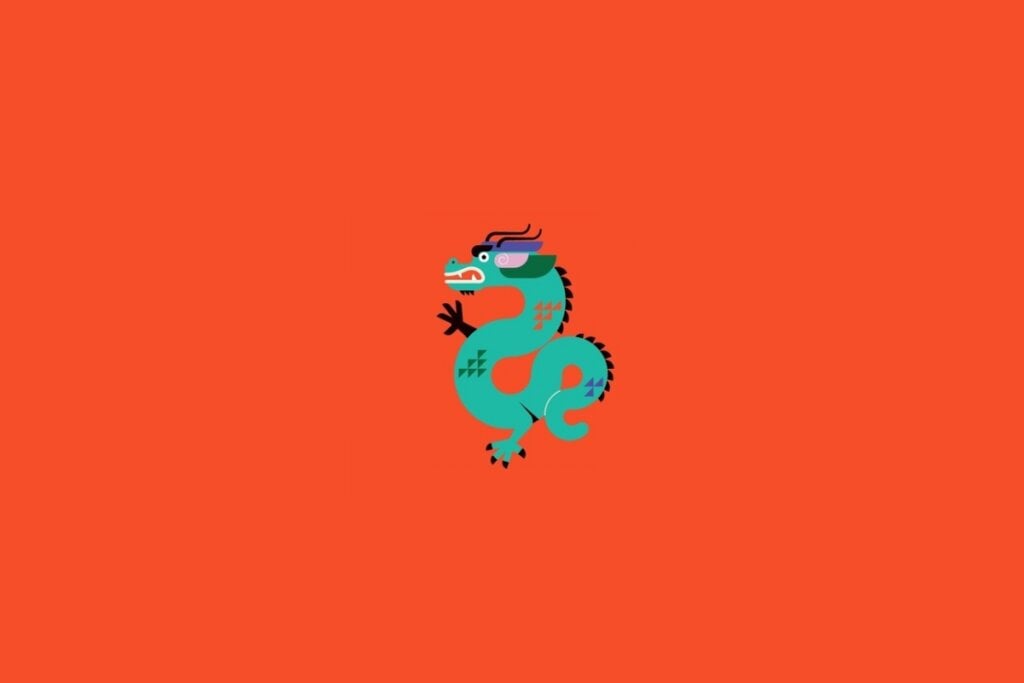 Ilustração de um dragão verde em um fundo laranja