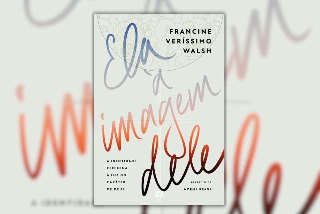 Capa do livro "Ela à Imagem Dele" com fundo bege e letras coloridas em laranja e azul 