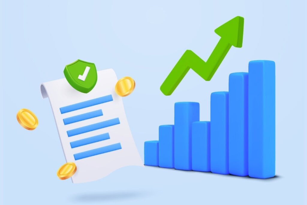 Ilustração de um papel com o símbolo de verificado rodeado por moedas com um gráfico com uma seta subindo do lado