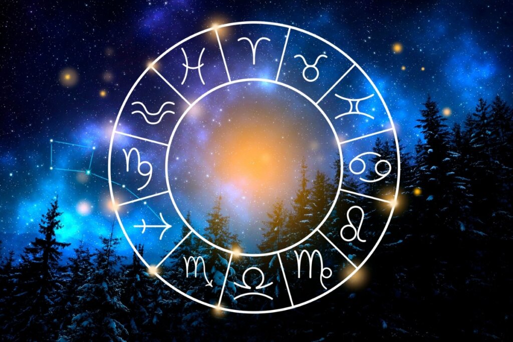 Ilustração de um círculo em cima de uma imagem de uma floresta a noite com os doze signos do zodíaco