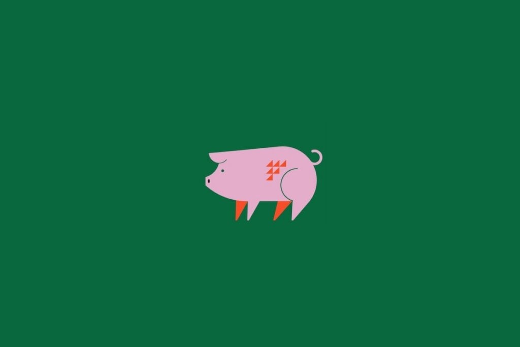 Ilustração de um porco rosa em um fundo verde-escuro