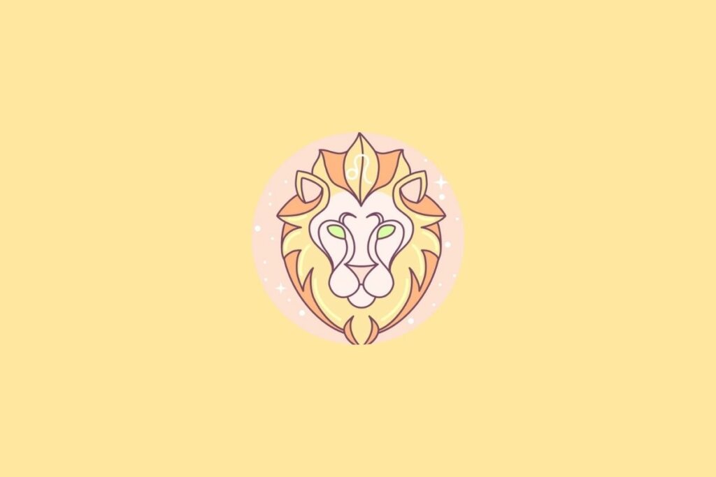Ilustração do signo de leão em um círculo em cima de um fundo amarelo