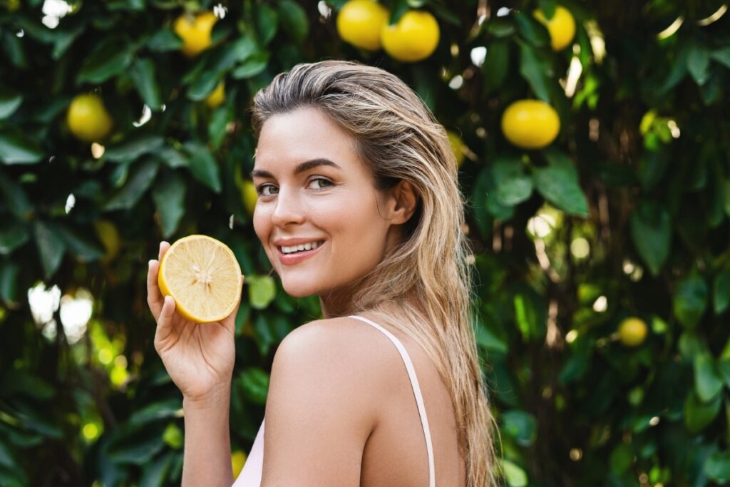 Mulher com cabelos claros sorrindo e segurando um limão