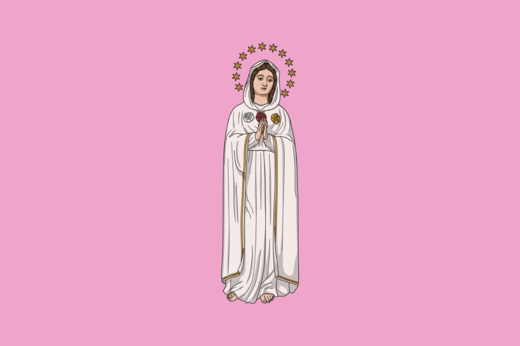 Ilustração de Nossa Senhora da Rosa Mística em um fundo rosa