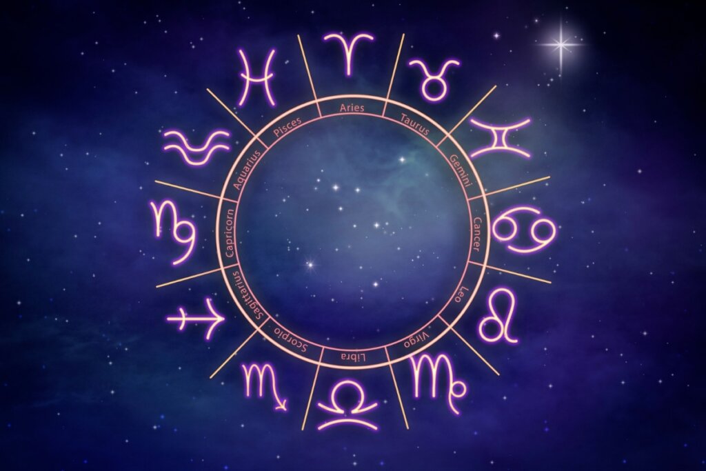Ilustração de um círculo com os doze signos do zodíaco em rosa em um céu estrelado