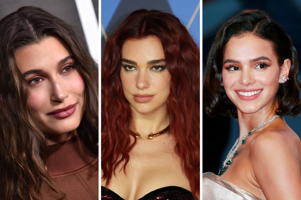 Hailey Bieber, Dua Lipa e Bruna Marquezine em uma foto colagem