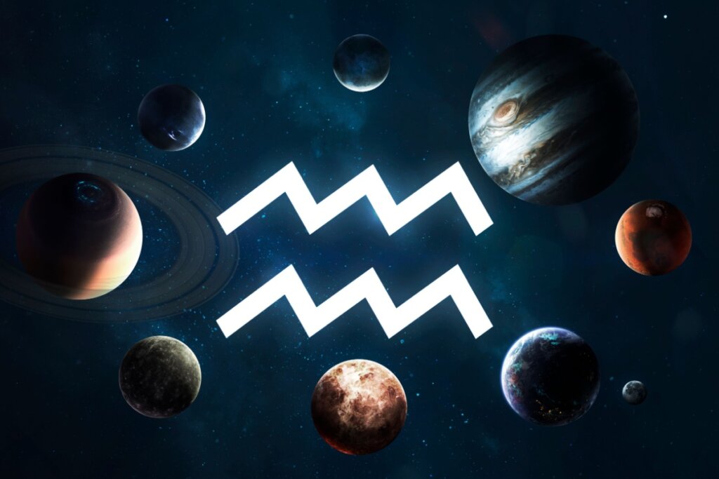Símbolo do signo de Aquário com os planetas ao redor 