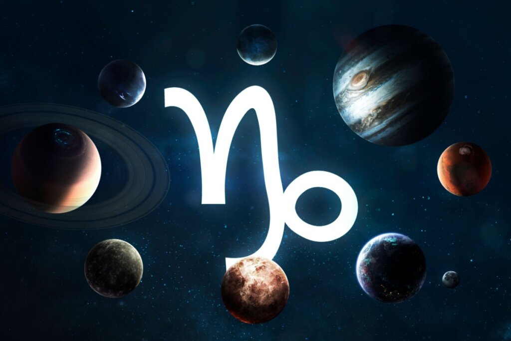 Símbolo do signo de Capricórnio com os planetas ao redor