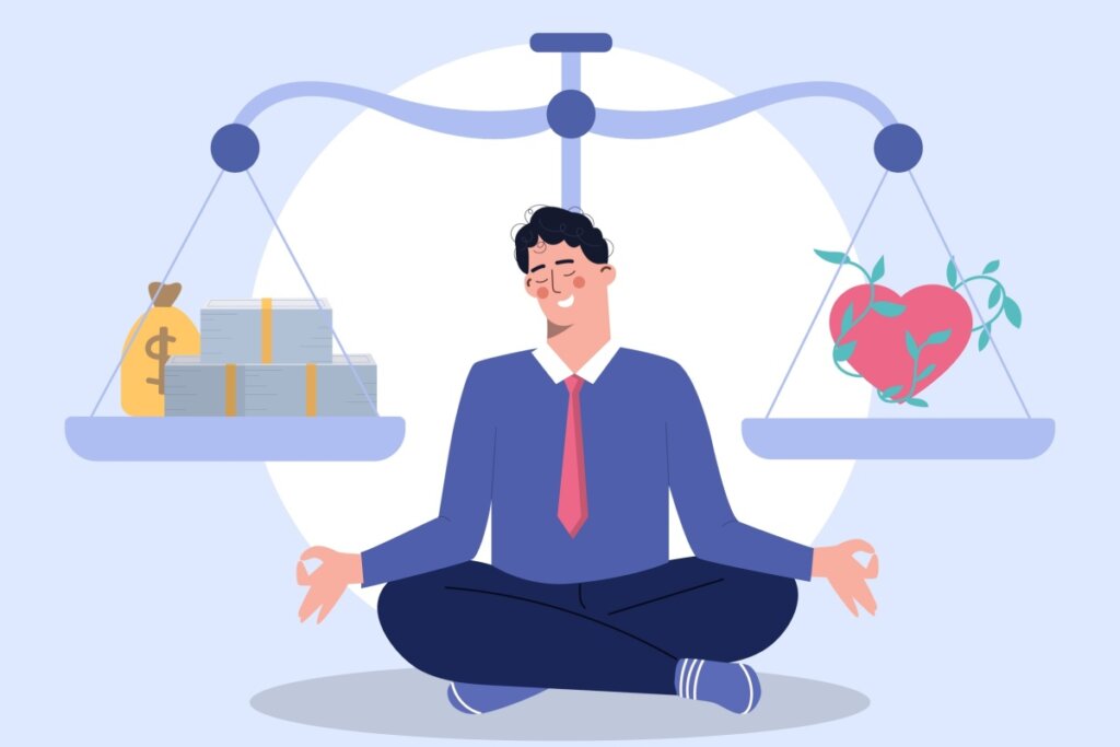 Ilustração de uma pessoa meditando, equilibrando dinheiro e saúde em uma balança.