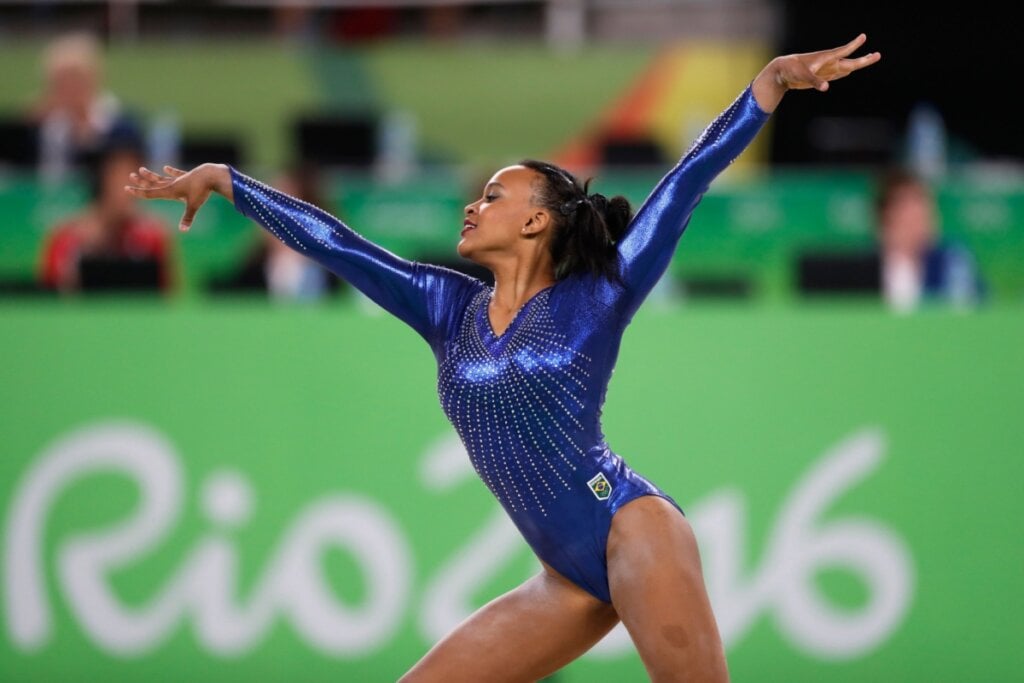 Atleta Rebeca Andrade em prova da Olimpíadas no Rio de Janeiro em 2016