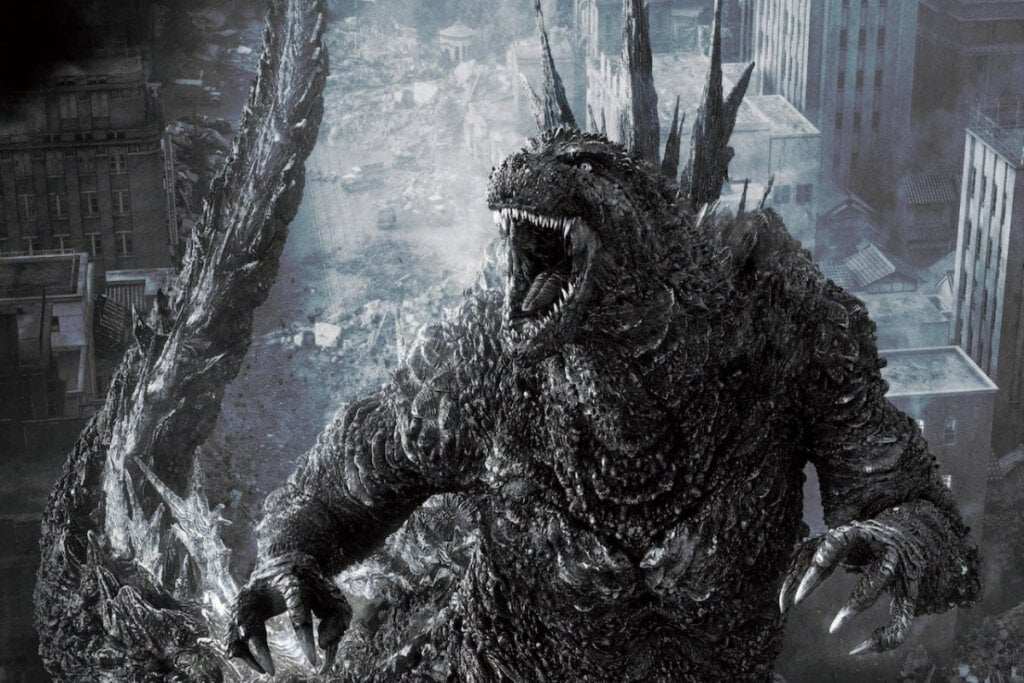 Godzilla em preto e branco no meio da cidade