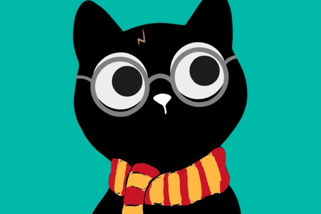 Ilustração de gato preto com elementos do Harry Potter, como óculos, cachecol e raio na testa