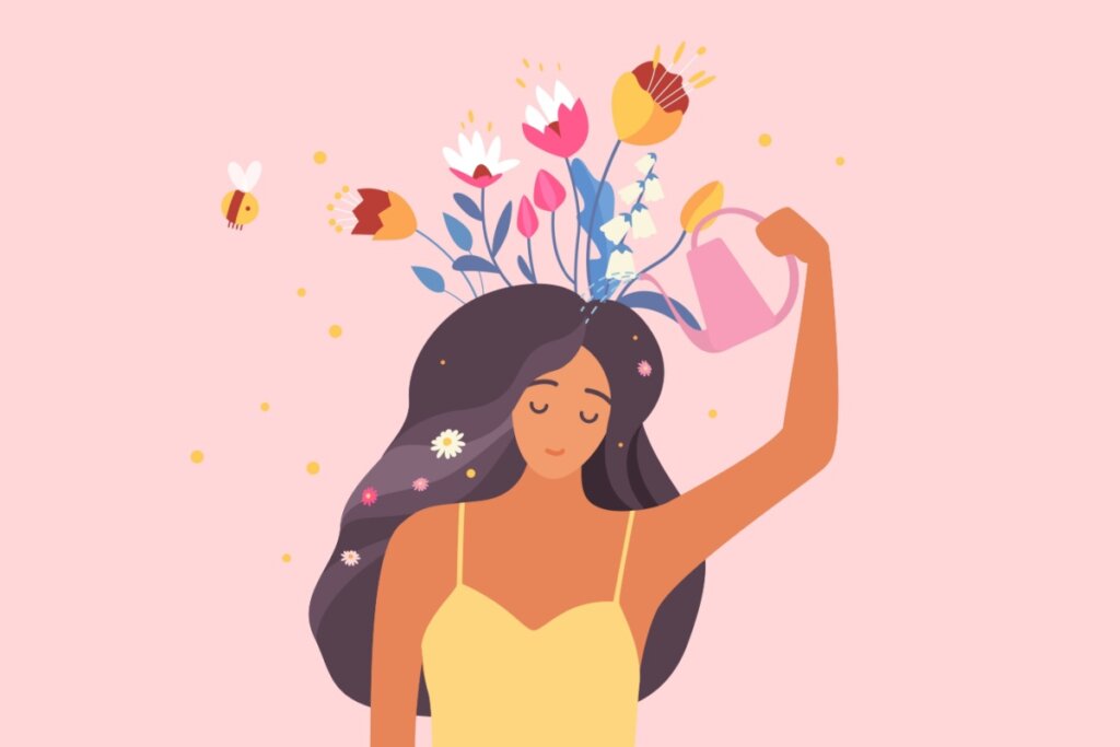 Ilustração de mulher regando flores na sua cabeça