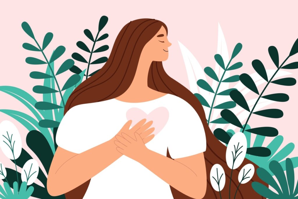 Ilustração de uma mulher segurando o próprio coração e plantas ao fundo. 