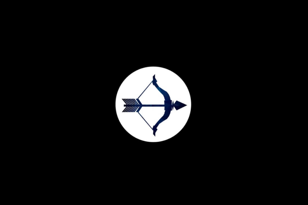 Símbolo do signo de Sagitário na cor azul dentro de um círculo branco em um fundo preto