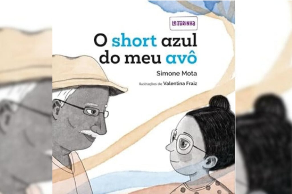 capa do livro "O short azul do meu avô" com ilustração de avô e menina se olhando