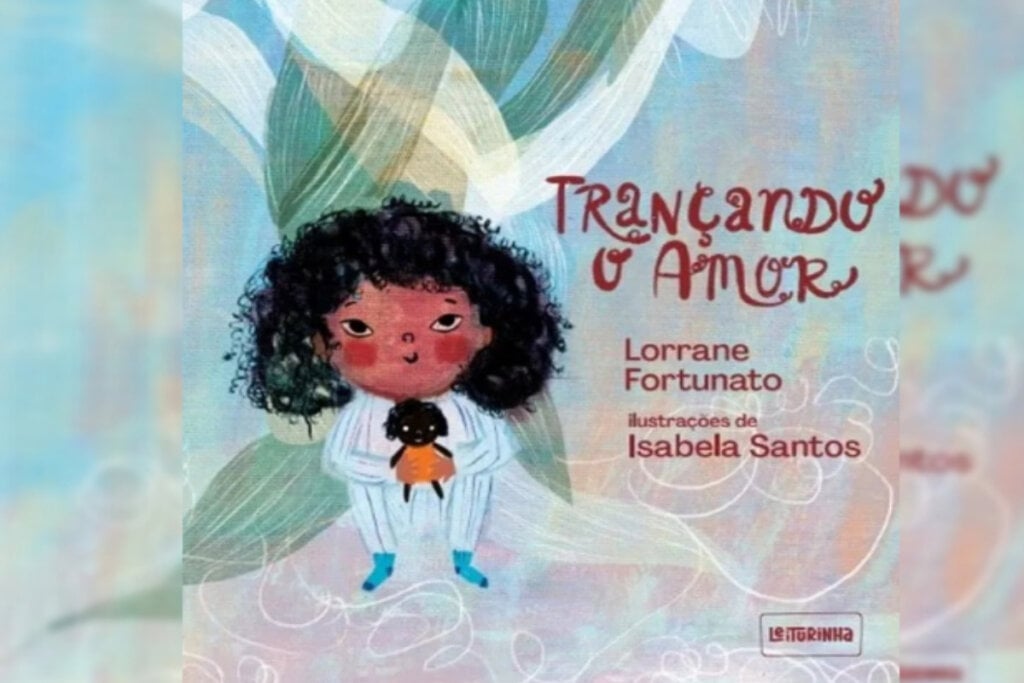 capa do livro "Trançando o amor" com ilustração de menina segurando boneca