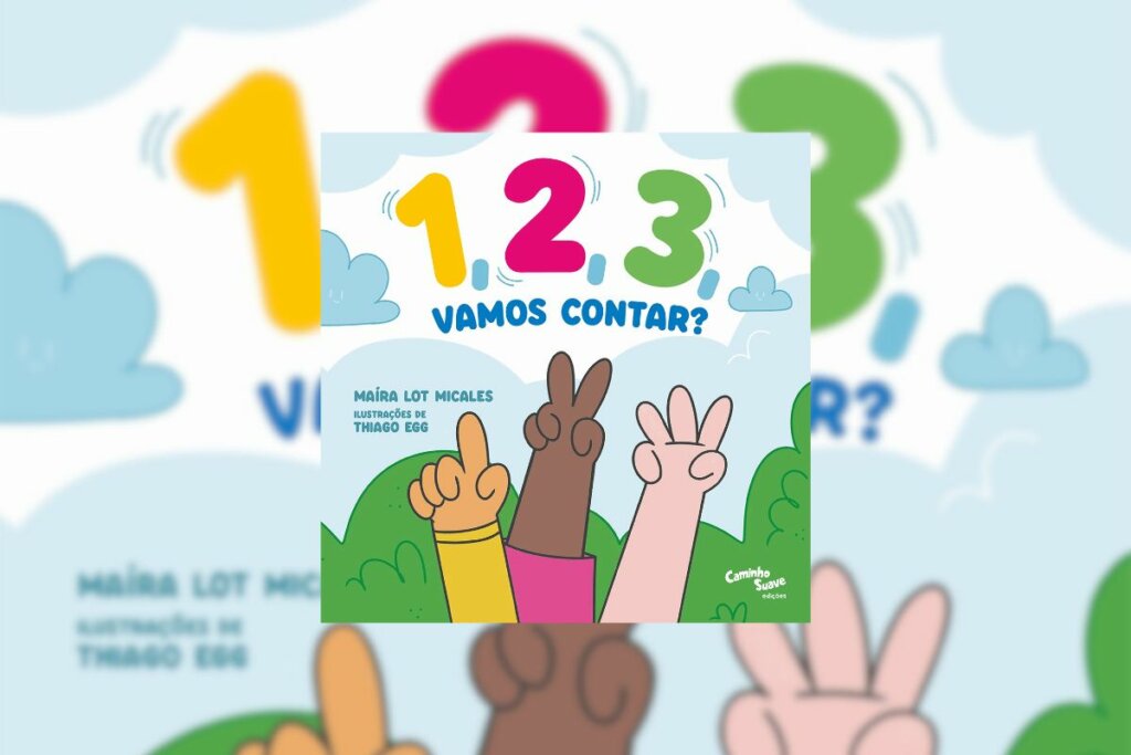 Capa do livro "1, 2, 3, vamos contar?" com a ilustração de dedos de crianças contando 