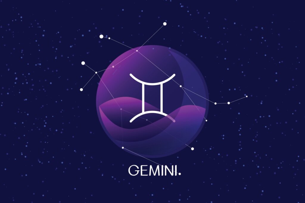 círculo roxo com o símbolo do signo de gêmeos e fundo de estrelas