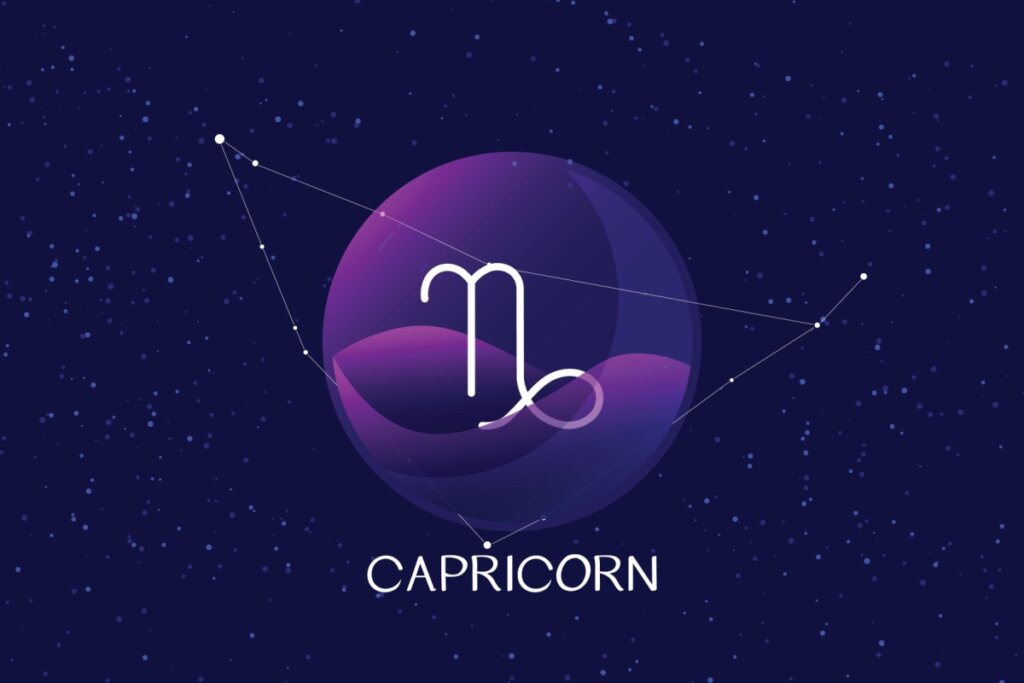 círculo roxo com o símbolo do signo de capricórnio e fundo de estrelas