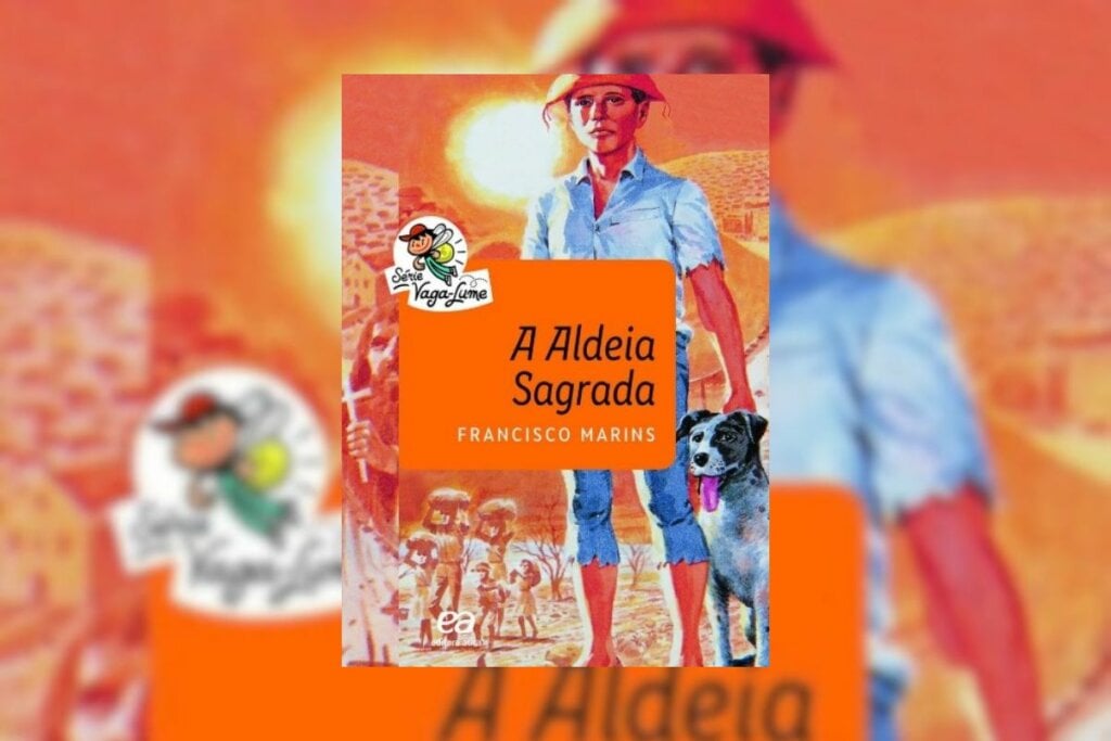 Capa do livro "A aldeia sagrada" na cor laranja com um homem vestindo camisa branca e calça jeans em pé 