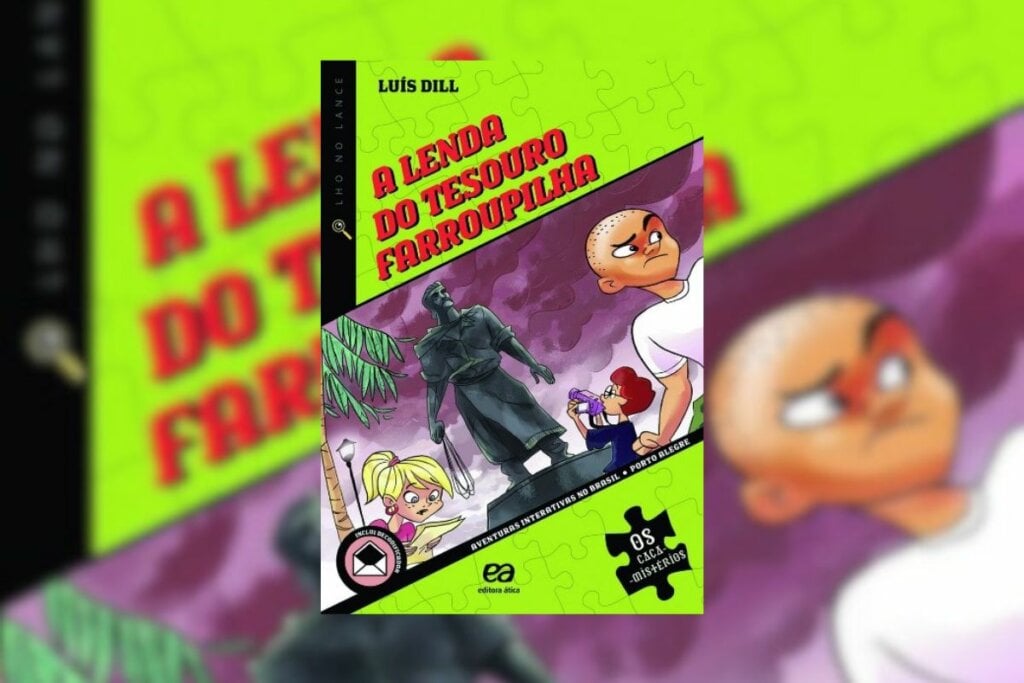 Capa do livro "A Lenda do Tesouro Farroupilha" em verde neon com o desenho de três pessoas em frente a uma estátua no centro 