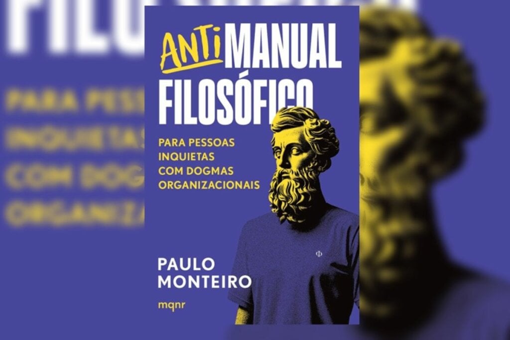 Capa do livro "Antimanual Filosófico" com fundo azul e a ilustração de um homem com cabeça de estátua 