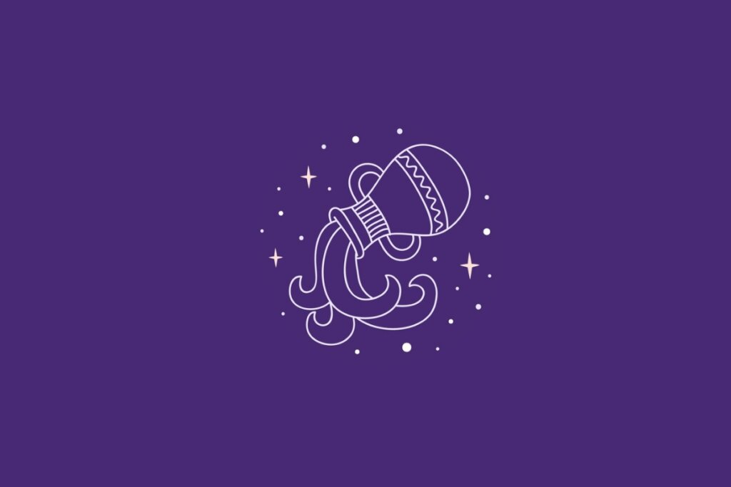 Ilustração do signo de Aquário em um fundo roxo cercado por estrelas