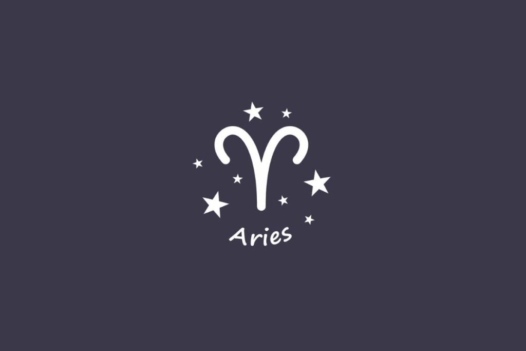 Ilustração do signo de áries em branco com estrelas em um fundo cinza 