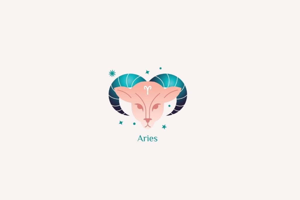 Ilustração do signo de Áries na cor rosa, verde e preto em um fundo rosa