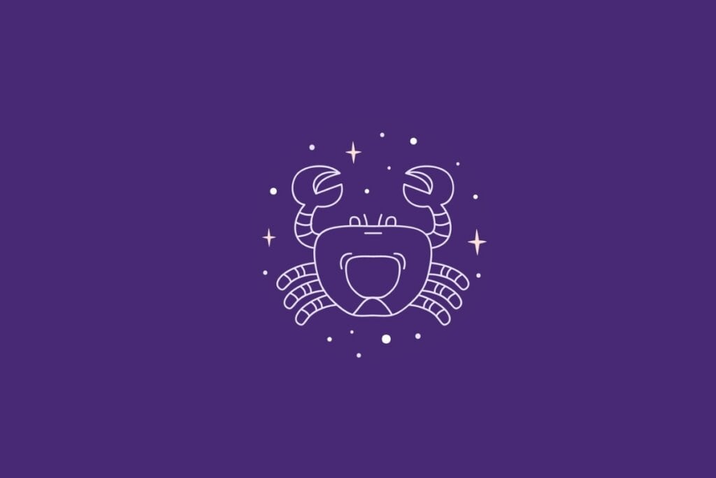 Ilustração do signo do zodíaco Câncer em um fundo roxo cercado por estrelas