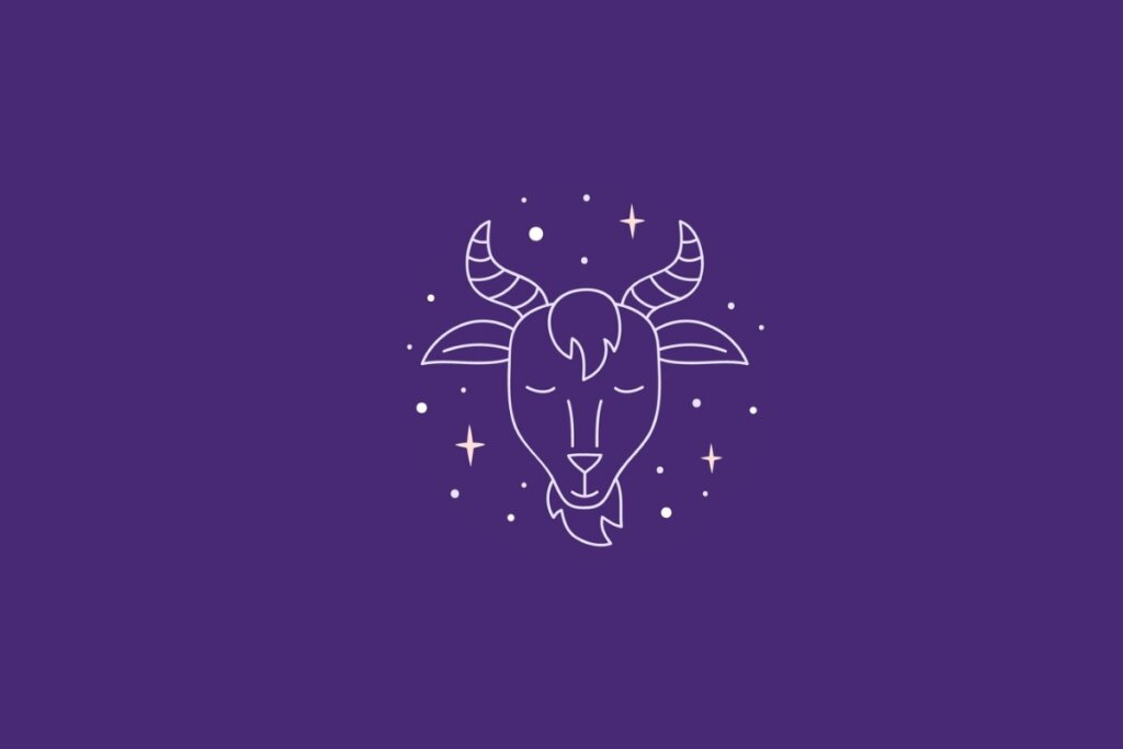 Ilustração do signo do zodíaco Capricórnio em um fundo roxo cercado por estrelas