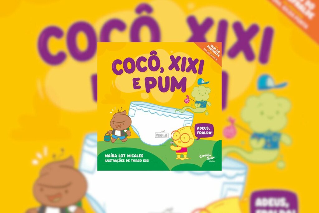 Capa do livro "Cocô, Xixi e Pum"  com o desenho desses dejetos carregando uma fralda 