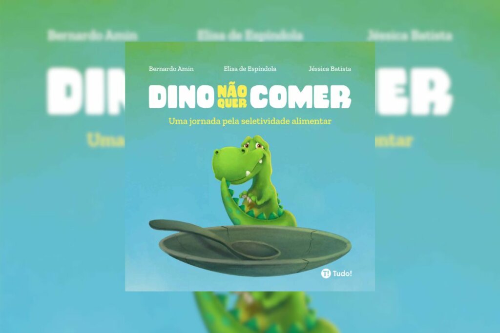 Capa do livro "Dino Não Quer Comer" com a ilustração de um dinossauro em frente a uma panela vazia 