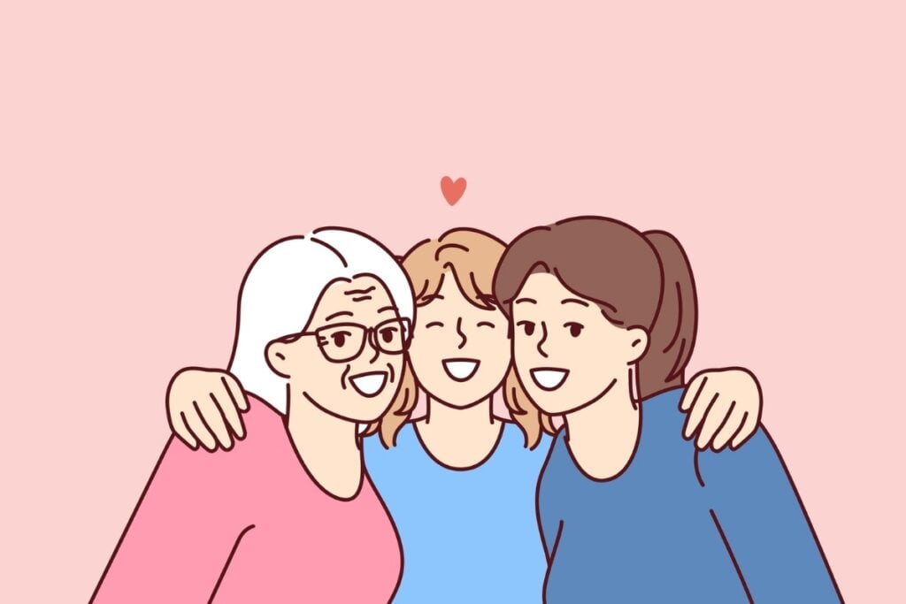 Ilustração de três mulheres de idade diferentes se abraçando com um coração em cima da cabeça delas 