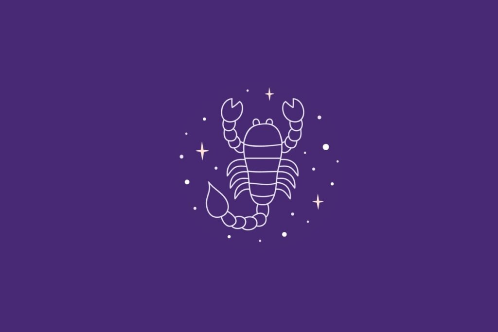 Ilustração do signo de Escorpião em um fundo roxo cercado por estrelas