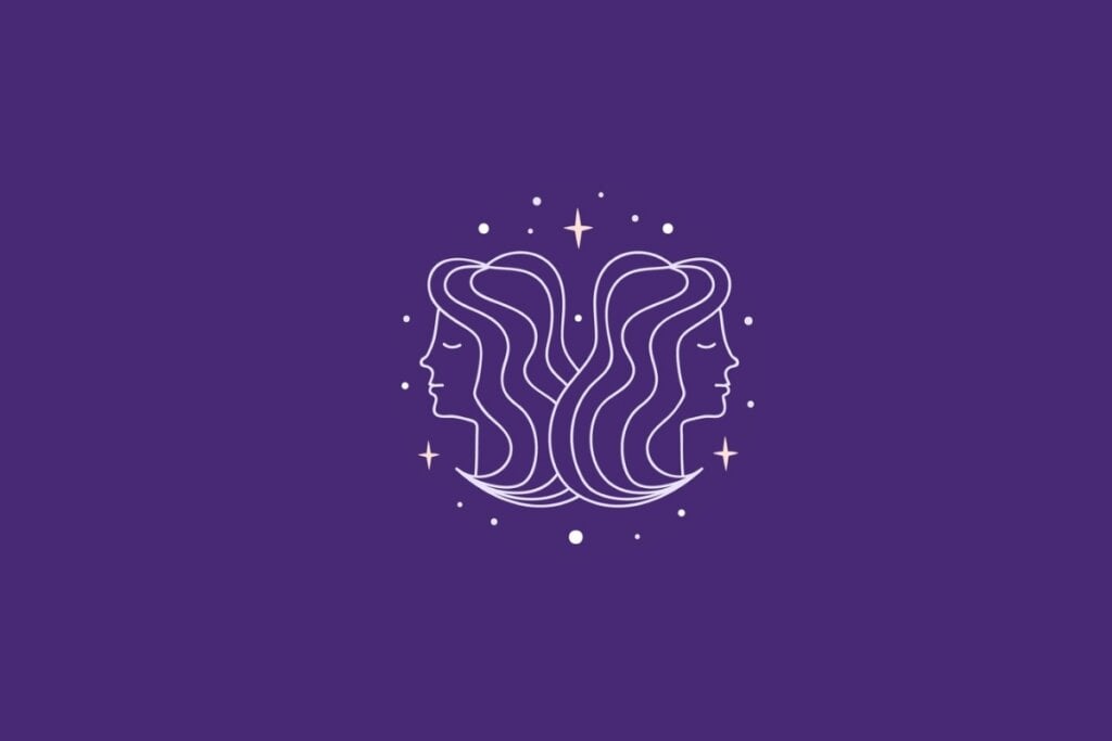 Ilustração do signo do zodíaco Gêmeos em um fundo roxo cercado por estrelas