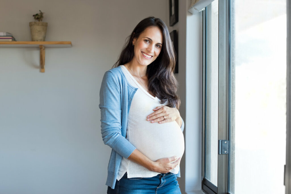 Mulher gravida em pé em frente a uma janela sorrindo