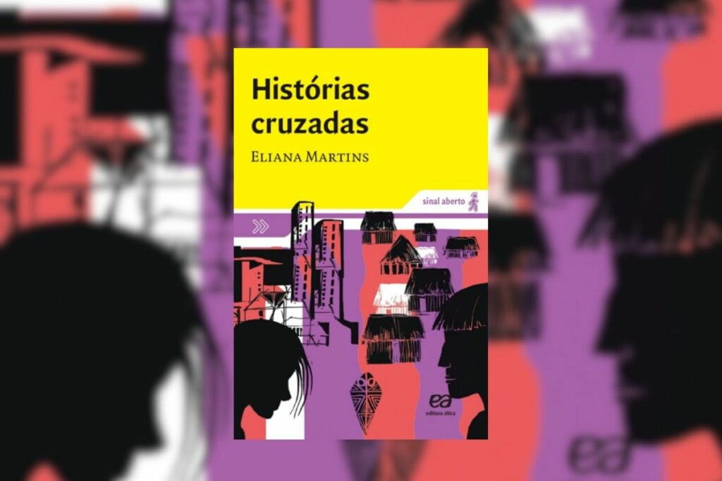 Capa do livro "Histórias Cruzadas" com uma faixa amarela em cima e a ilustração do rosto de pessoas e uma aldeia indígena em preto em baixo