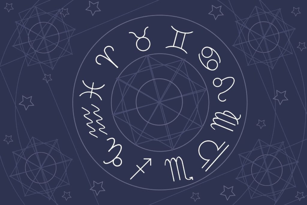 Ilustração de um círculo com os doze signos do zodíaco com estrelas ao redor