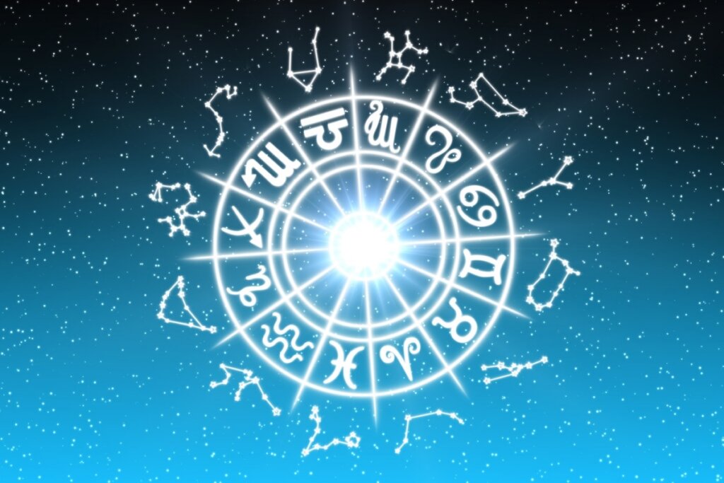 Ilustração dos doze signos do zodiaco em branco dentro de um círculo branco com fundo azul e preto com estrelas