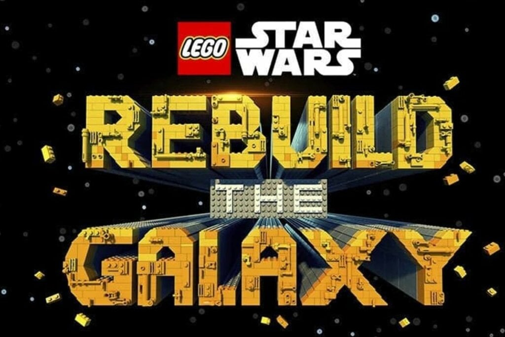 Capa da série LEGO Star Wars: Reconstruindo a Galáxia com letras escrevendo o nome da série em amarelo sobre fundo preto