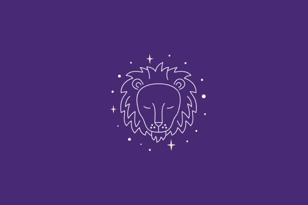 Ilustração do signo de Leão em um fundo roxo cercado por estrelas