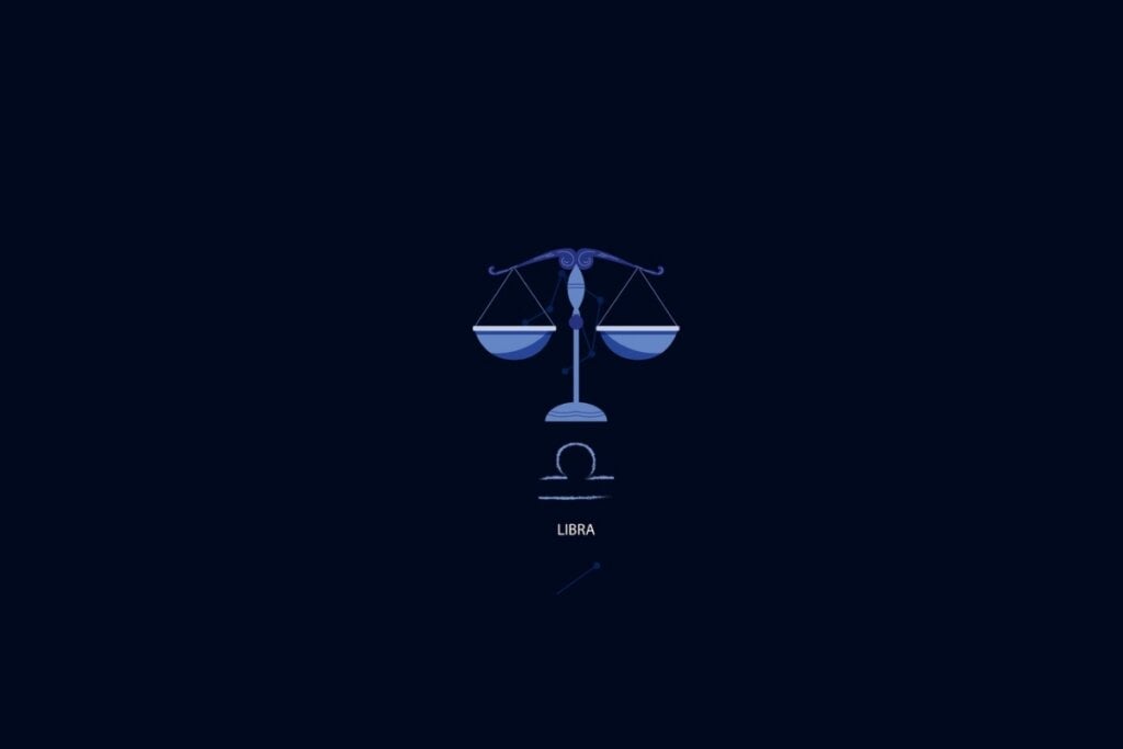 Ilustração do signo de Libra em azul sobre fundo azul escuro