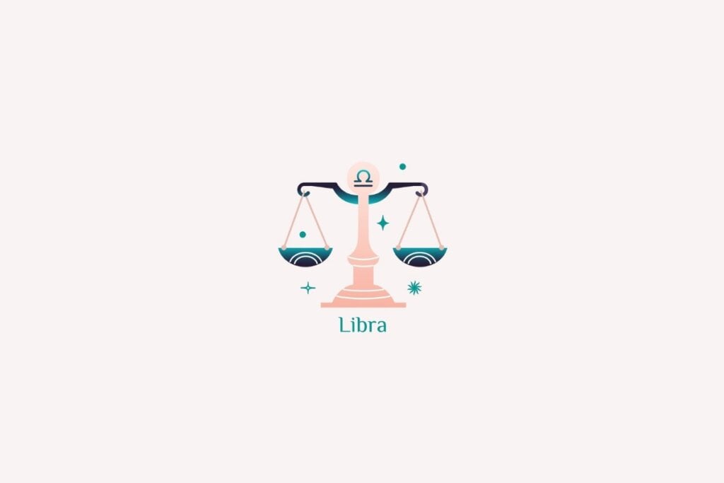 Ilustração do signo de Libra em rosa, verde e preto em um fundo rosa