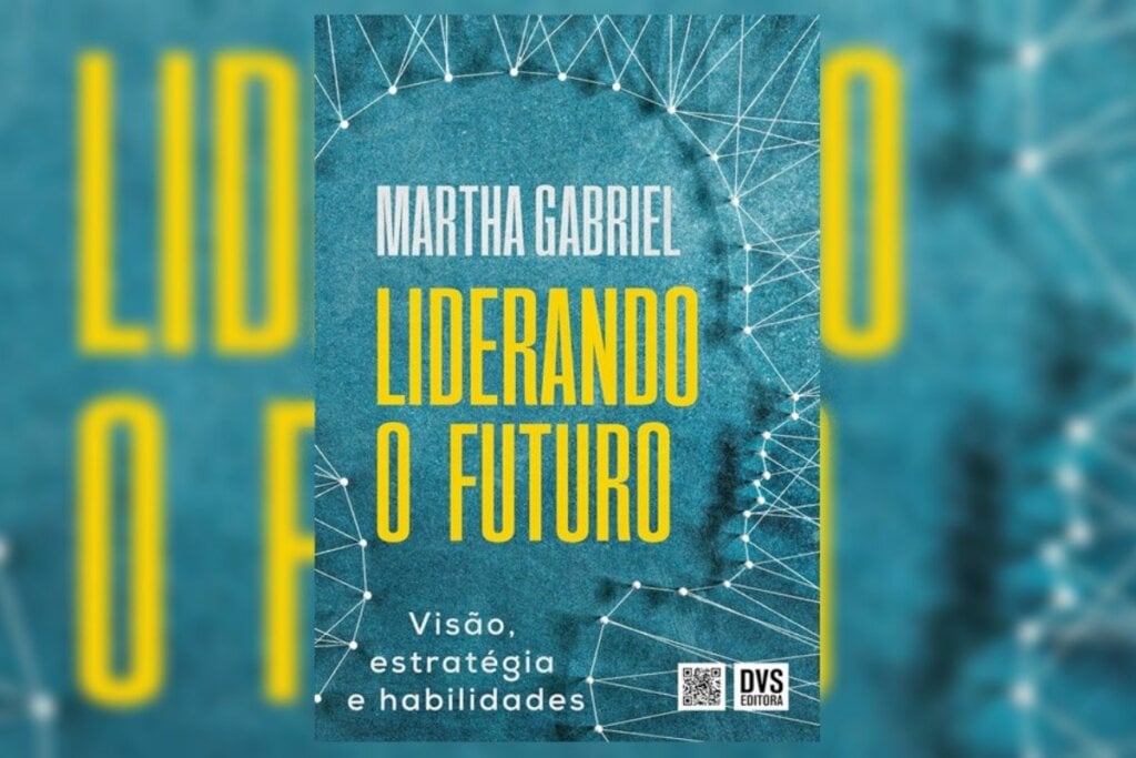 Capa do livro "Liderando o Futuro" com o desenho do rosto de uma pessoa feito com linhas 