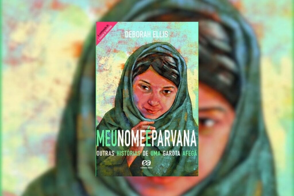 Capa do livro "Meu Nome é Parvana" com a ilustração do rosto de uma mulher com os cabelos cobertos por um pano 