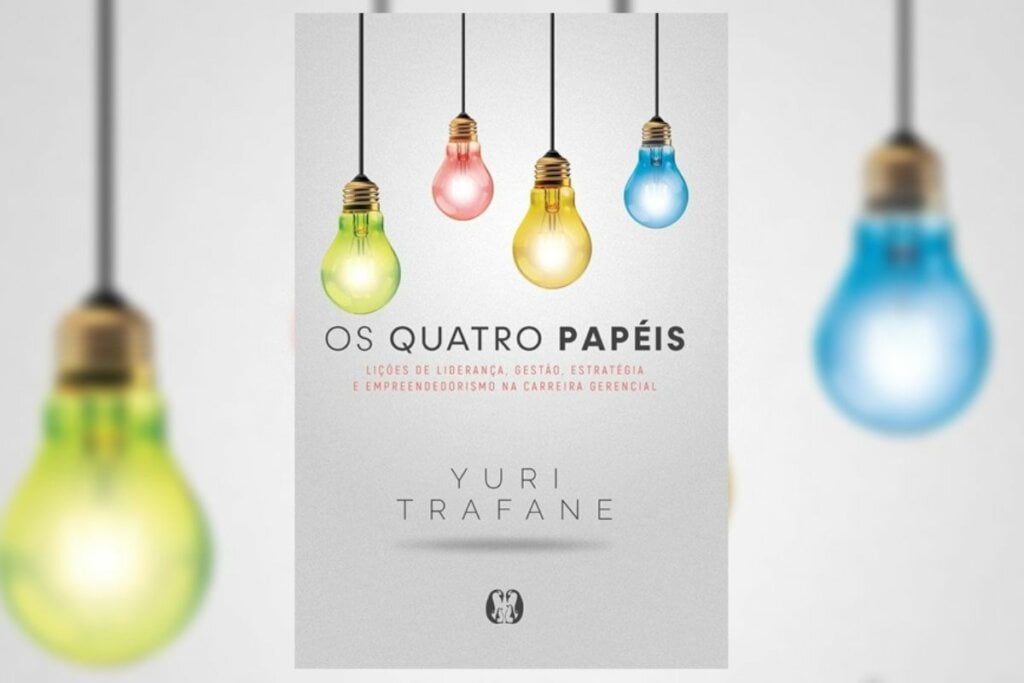 Capa do livro "Os quatro Papéis" com lâmpadas coloridas 