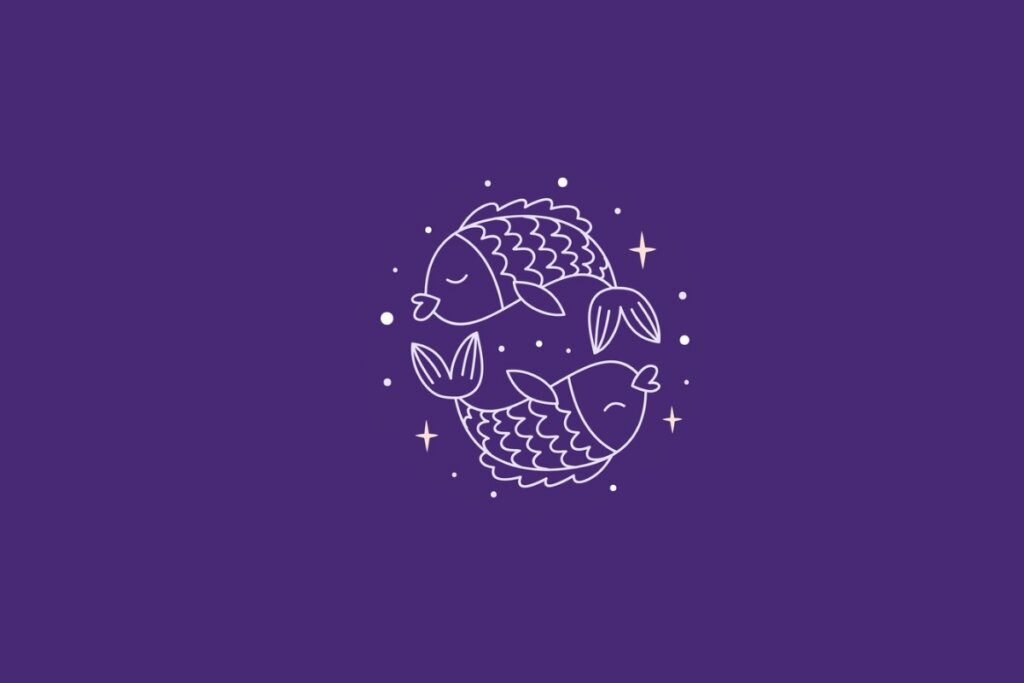 Ilustração do signo de Peixes em um fundo roxo cercado por estrelas