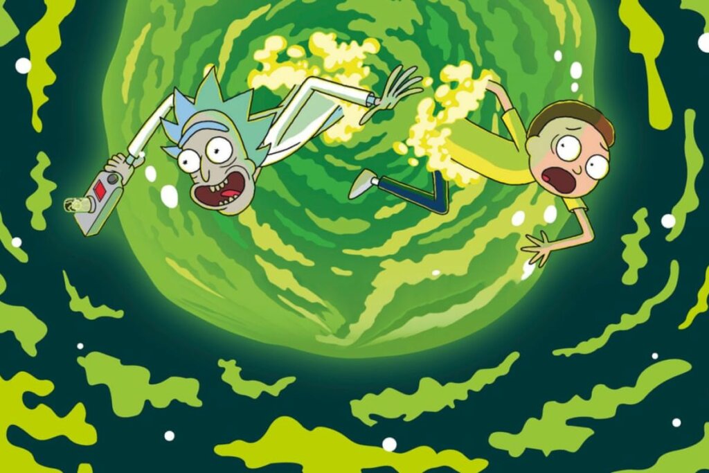 Capa da série de anime "Rick and Morty: The Anime" com a ilustração de um homem de meia-idade e um jovem caindo de uma fumaça verde 